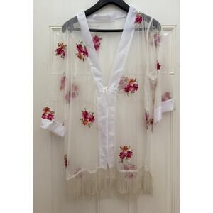 Sheer Floral Fringe Embroidered Wrap Women’s Tops Excellent Condition